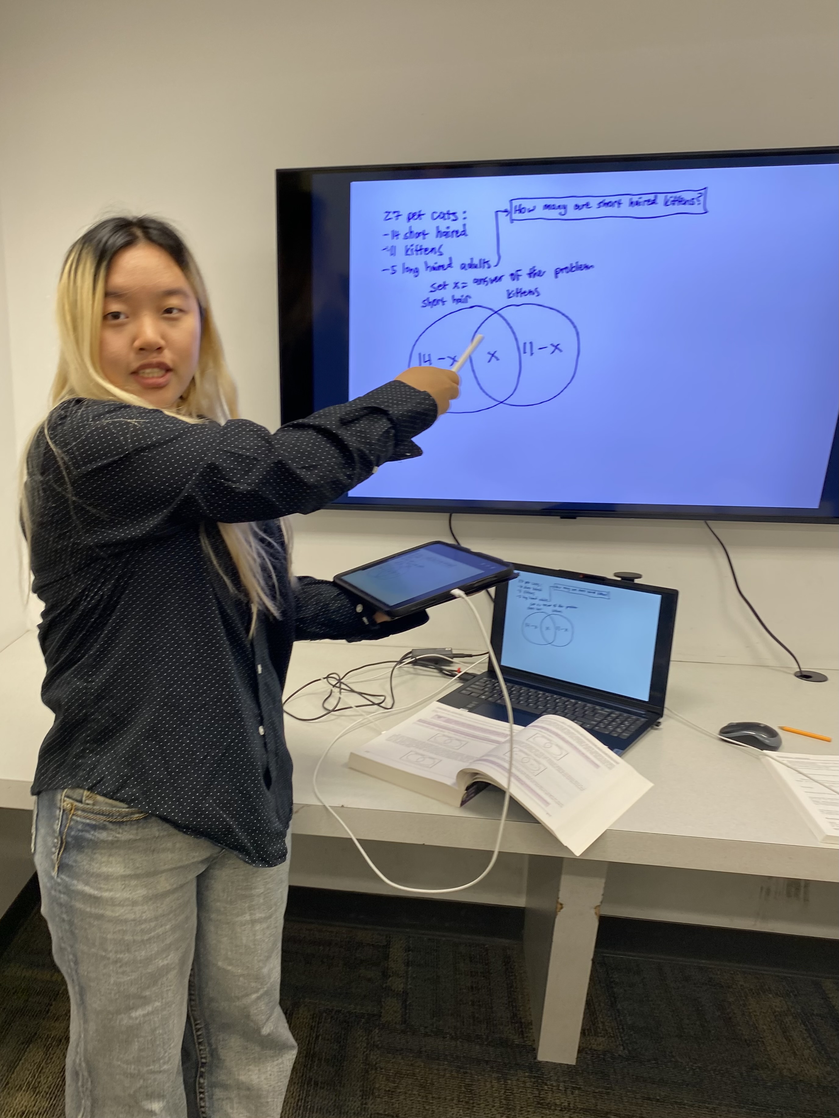 Instructor teaching math with a Venn diagram